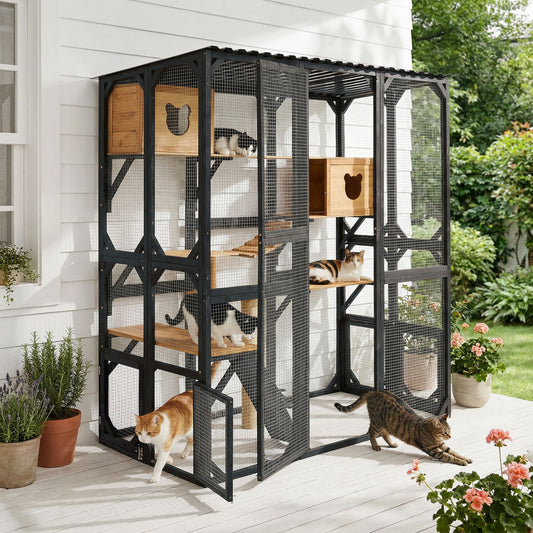 Outdoor Cat Enclosure Catio With Sleeping Houses, Jumping Platforms, Scratching Post, Secure Doors - Black / Brown