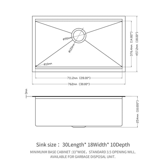 Workstation Kitchen Sink 30" X 18" X 10" Single Bowl Undermount 16 Gauge - Gunmetal Black