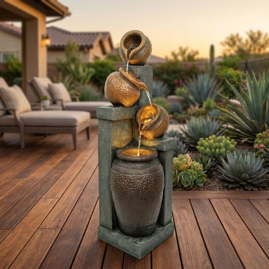 4 Tier Outdoor Water Fountain With Warm LED Lights For Patio - Brown / Tan