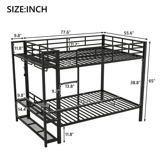 Bunk Bed With Storage Shelves, Clothes Hooks, LED Light