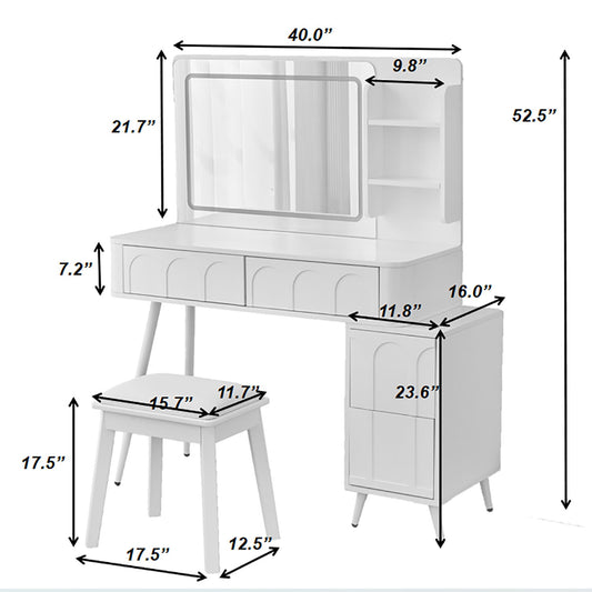Modern Makeup Vanity Desk With LED Lights & Mirror 4 Drawer Dressing Table Set Space Saving For Bedroom - White