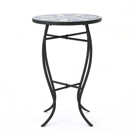 Outdoor Round Side Table With Mosaic Style Top And Curved Iron Legs - Blue / Matte Black