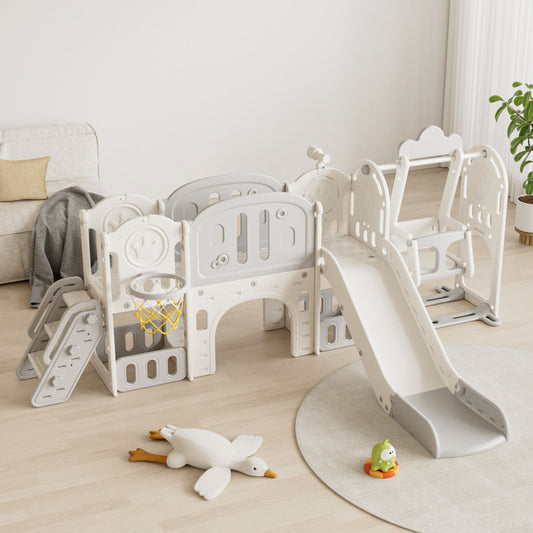 Toddler Slide, 11 In 1 Indoor Outdoor Playground With Basketball Hoop - Gray / Ivory