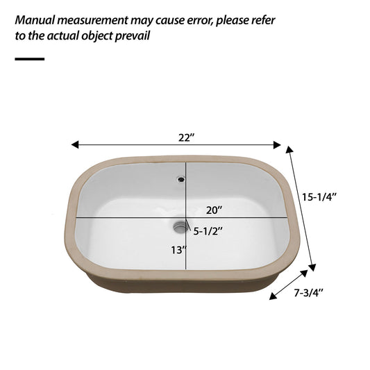 Undermount Bathroom Sink 22" X 15.25" With Overflow Sleek, High Temperature Fired, Stain Resistant, Smooth Polished Surface - White