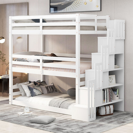 Twin Size Triple Bunk Bed With Storage Staircase, Separate Design - White