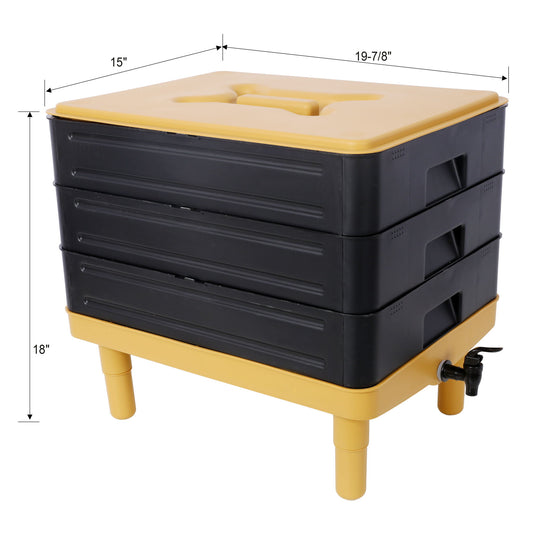 Durable 3 Tray Worm Farm Kit For Efficient Vermicomposting, 65L Capacity - Yellow / Black
