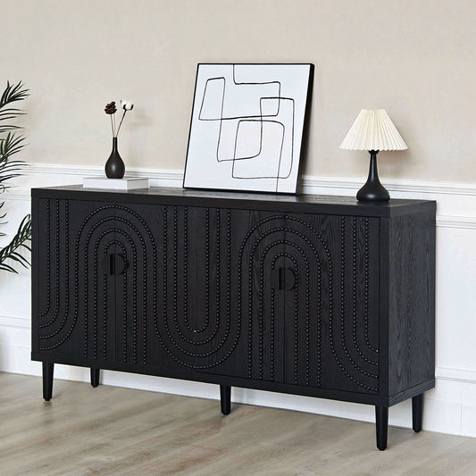 Modern Sideboard Cabinet With Decorative Nailhead Accents, Stylish Storage Solution For Dining, Living Rooms - Black