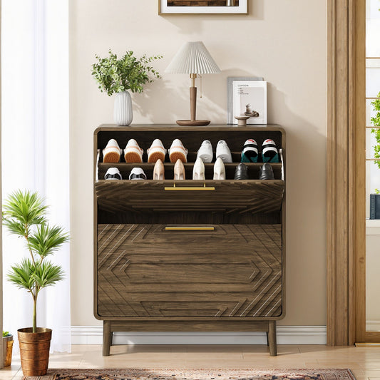 Freestanding Shoe Cabinet With 2 Flip Top Drawers For Entryway - Walnut