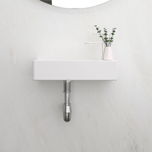 Modern Ceramic Rectangle Wall Mount Bathroom Sink With Single Faucet Hole - White