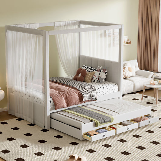 Upholstery Canopy Platform Bed With Trundle And Three Storage Drawers