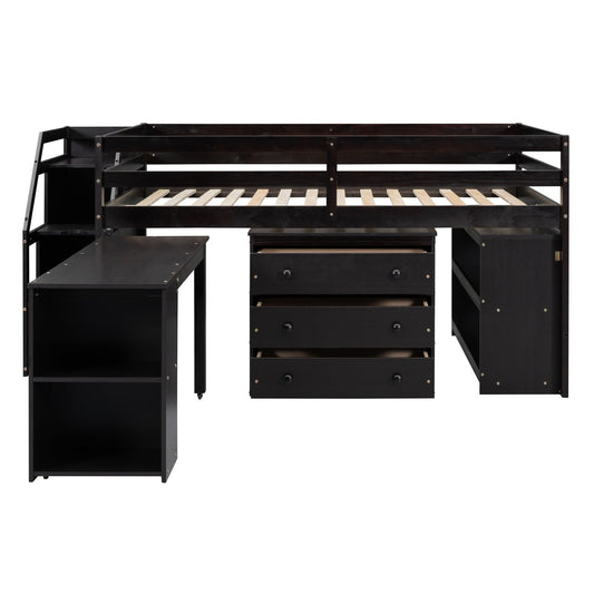 Loft Bed With Retractable Writing Desk And 3 Drawers With Storage Stairs And Shelves