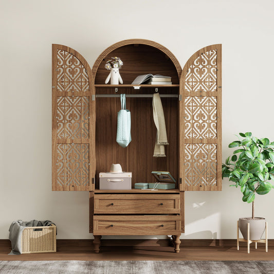 Tall Kitchen Pantry Cabinet With Hollow Carved Doors 2 Drawers And Adjustable Shelves Storage Display Cabinet For Kitchen Dining Room Or Living Room - Walnut