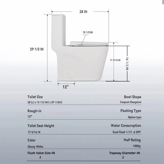 Glossy Tornado Flush 1 Piece Toilet With Dual Flush, Soft Close Seat - Gloss White