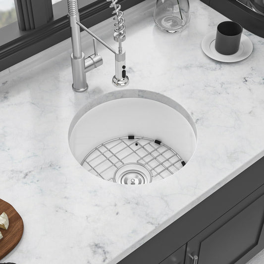 Ceramic Circular Kitchen Sink With Drain Assembly And Bottom Grid, 18" Dual Mount - White