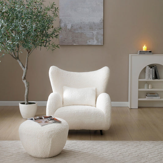 Wingback Armchair & Ottoman Combo For Living Room - White
