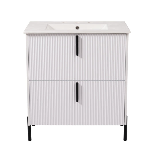 Bathroom Vanity With Ceramic Sink, Fluted Design