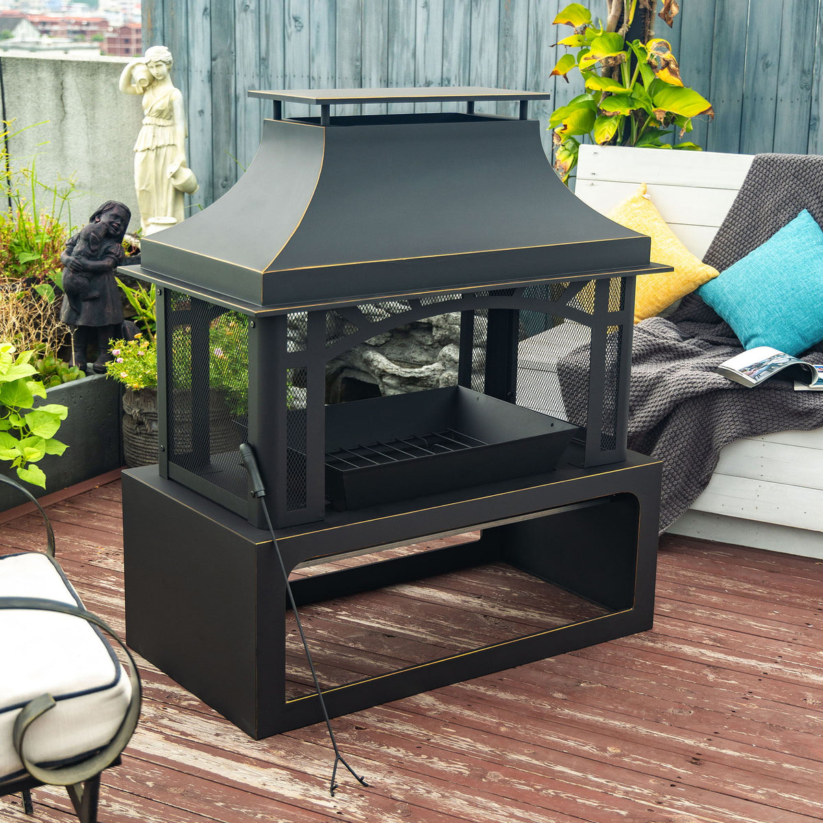 Fireplace, 50000 Btu Fire Pit, Wood Burning Chimney For Outside - Black