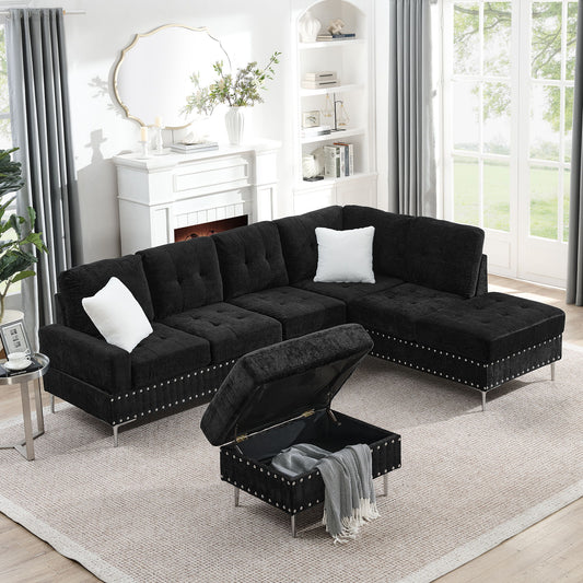 L-Shaped Sectional Sofa With Chaise And Storage Ottoman, Includes 2 Pillows - Black