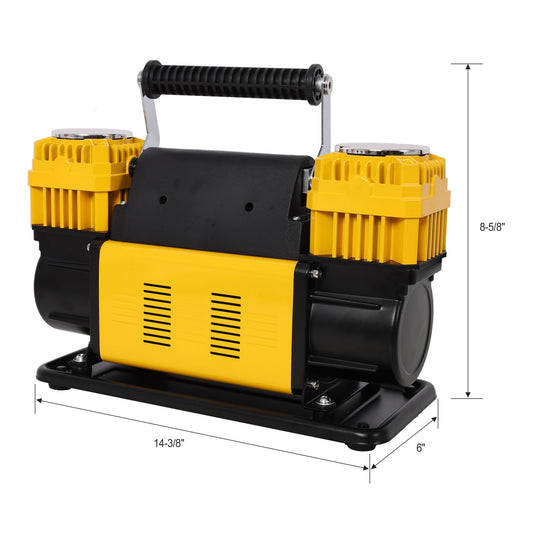 Heavy Duty 12V Dual Cylinder Air Compressor, Tire Inflator With Gauge - Yellow / Black