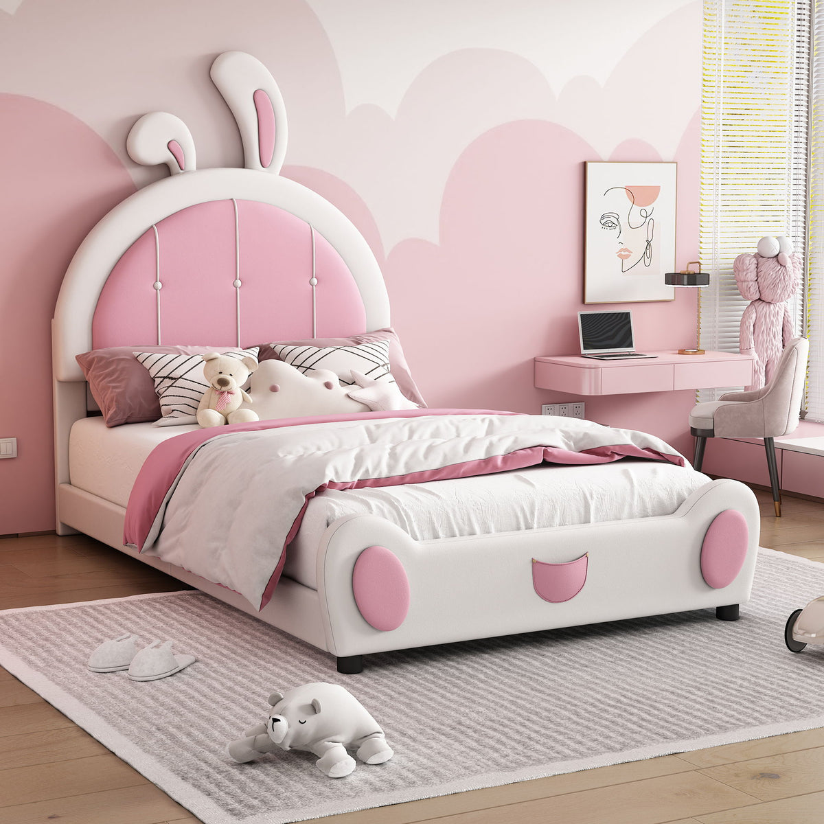 Upholstered Platform Bed With Rabbit Shaped Headboard