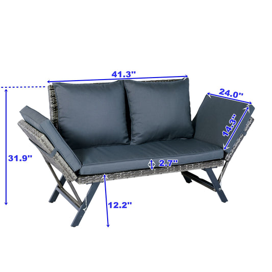 1 Pieces Patio Wicker Side Foldable Bench Patio Backyard Conversation Bench Gray Wicker - Dark Gray / Gray
