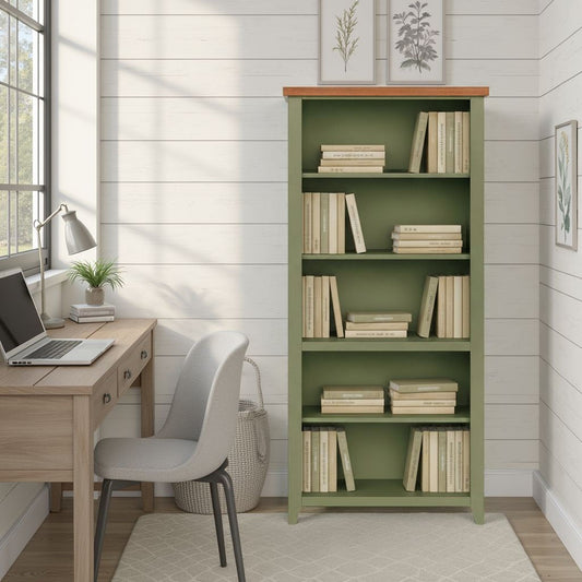 72" High 5 Shelf Bookcase - Sage Green And Fruitwood