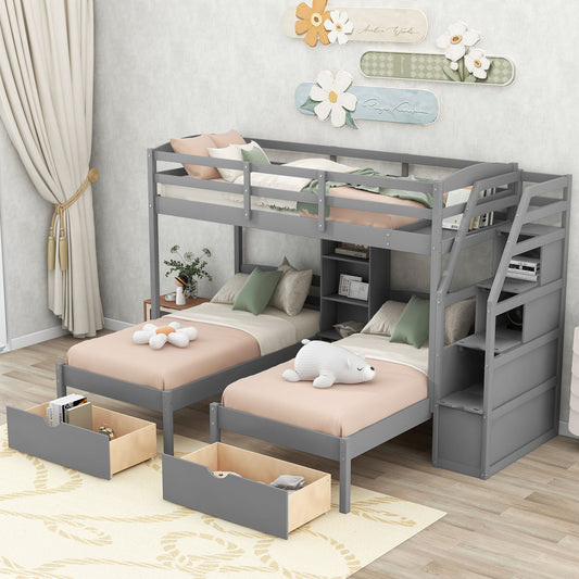 Twin Over Twin & Twin Bunk Bed With Drawers, Staircase Storage, Built In Shelves - Gray