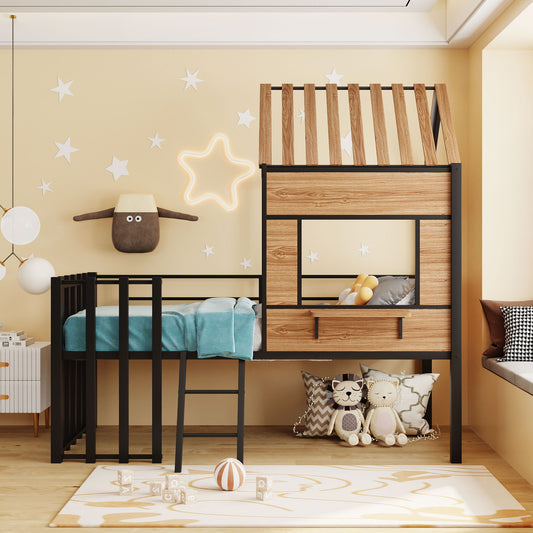 Loft Bed With Roof, Window, Guardrail, Ladder