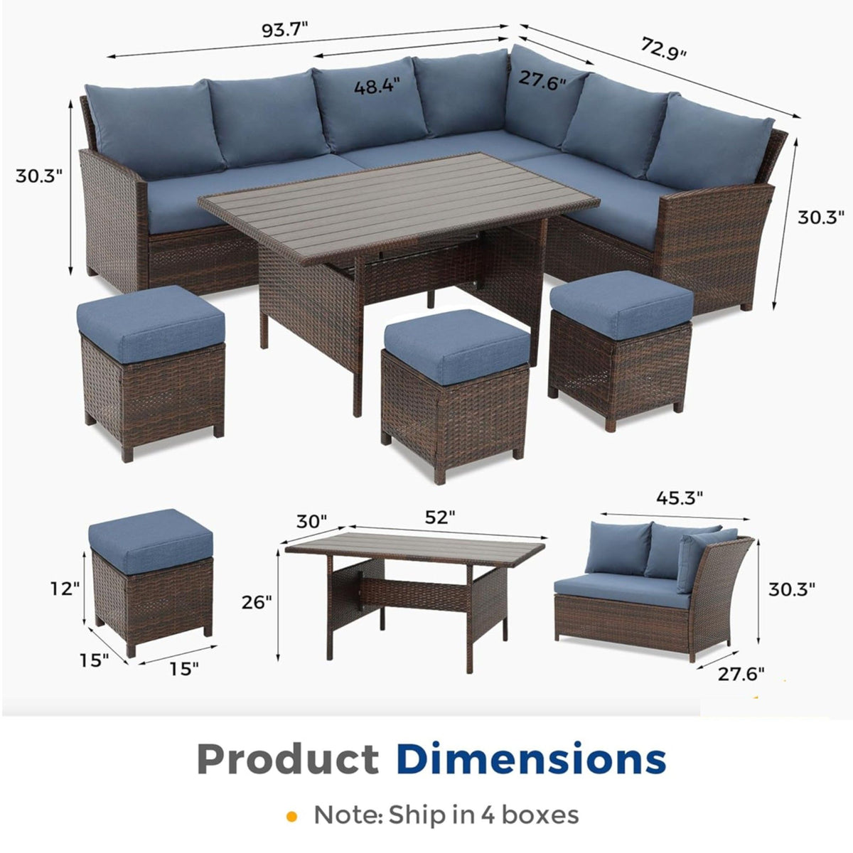 7 Piece Patio Dining Set With Cushions, Modular Sectional Sofa & Storage Table