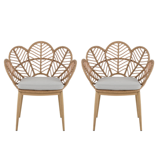 Kirk - Outdoor Wicker Peacock Shape Papasan Style Chair, Teak Finished Leg (Set of 2) - Beige / Light Brown / Light Teak