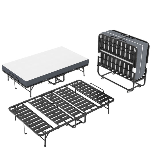 Twin Wide Folding Bed For Tall People, Extra Long & Wide Rollaway With Memory Foam, Heavy-Duty - Black