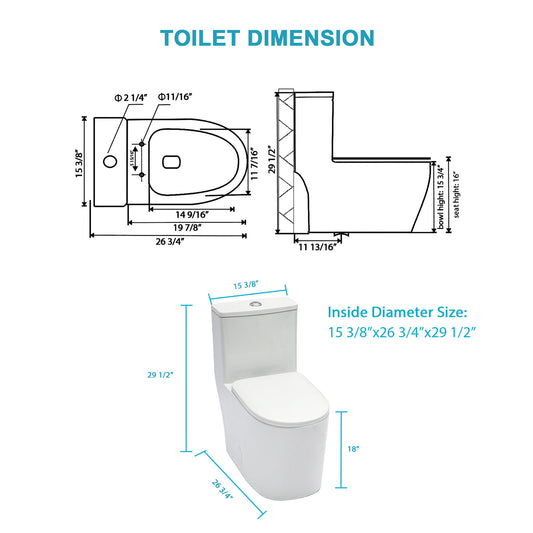 1 Piece Toilet For Bathroom, Soft Closing Seat, Dual Flush 1.1 / 1.6 Gpf - White