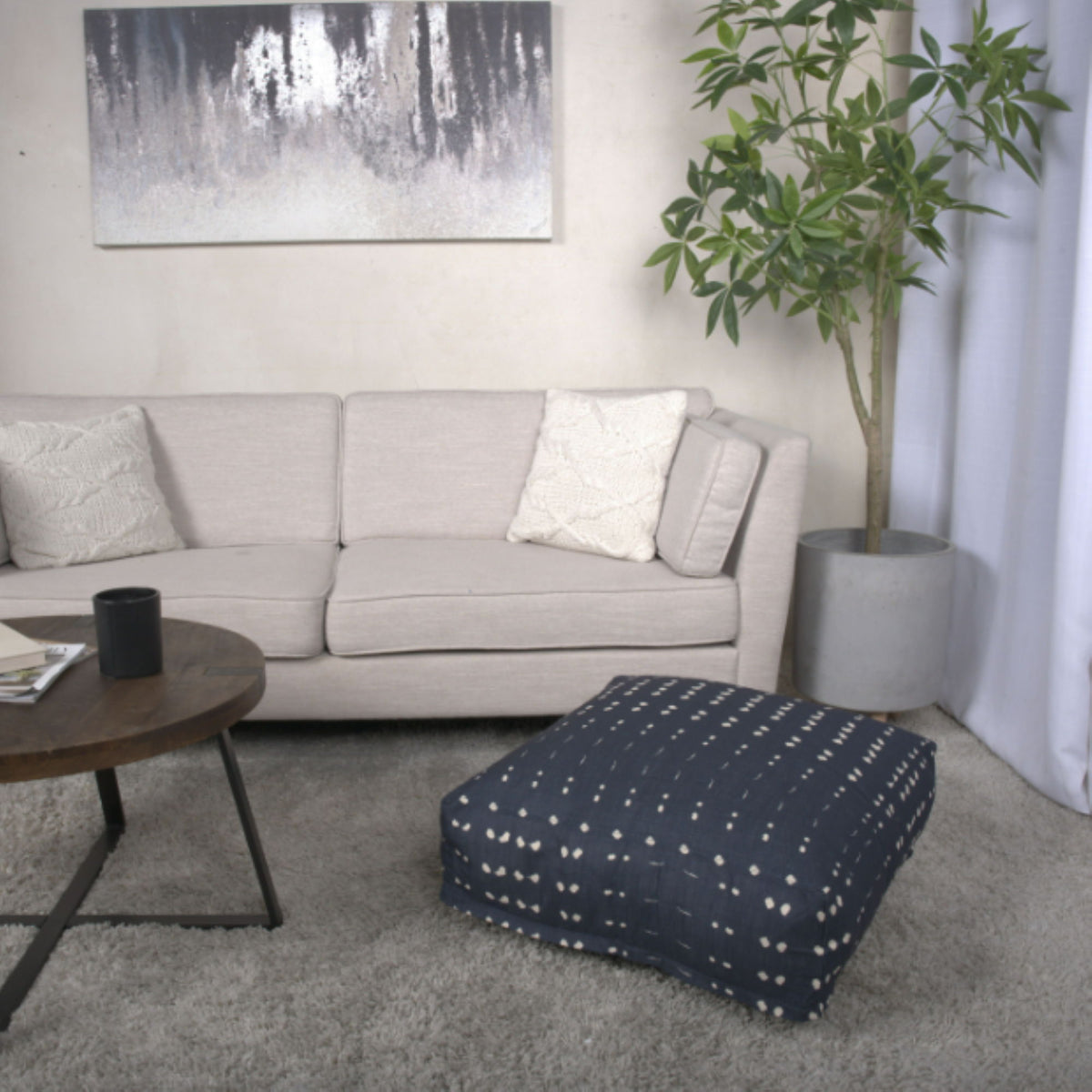 Dalm - Fabric Square Pouf Ottoman With Polystyrene Beads Filling - Dark Blue / White