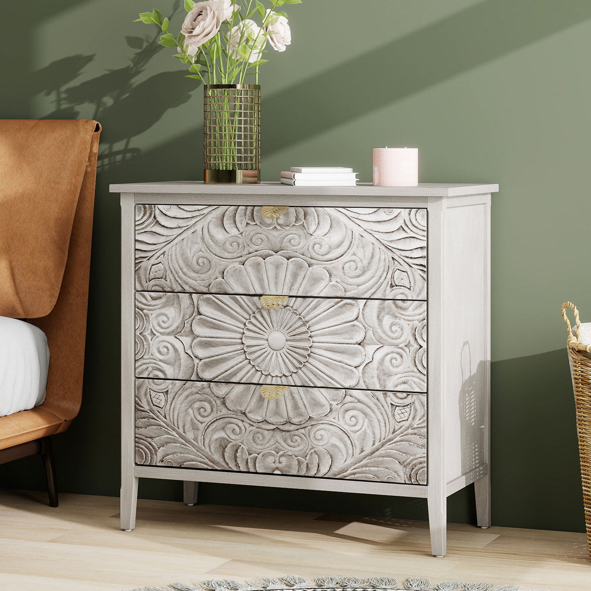 3 Drawer Cabinet, American Furniture, Suitable For Bedroom, Living Room - Light Gray