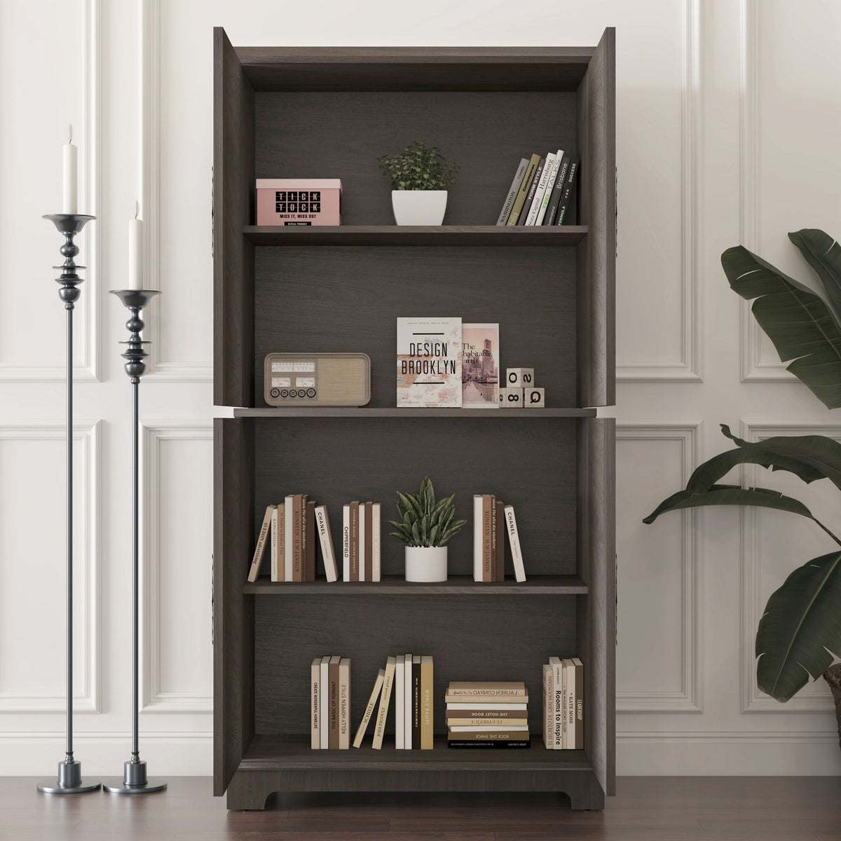 Modern Sideboard Buffet With 4 Mirrored Doors, Adjustable Shelves