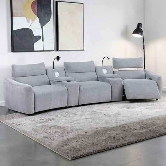 Fullar - Modular Power Motion Sectional Sofa With Console, 2 Wireless Chargers, 4 Cupholders, And 2 Speakers, 1 Phone Holder And 1 Reading Light, Adjustable Headrest - Light Gray