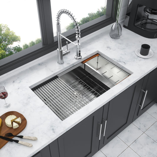 Premium Single Bowl Undermount Workstation Kitchen Sink With Accessories, Finish, 16 Gauge Stainless Steel - Brushed Nickel