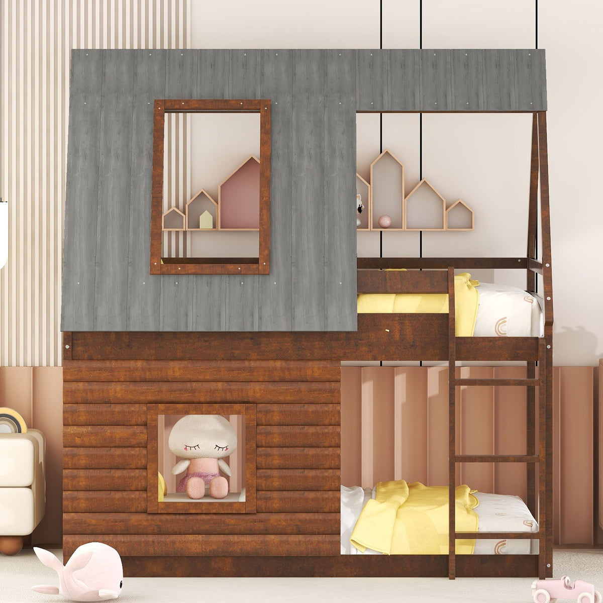 Twin Size House Bunk Bed With Roof, Ladder And 2 Windows - Brown