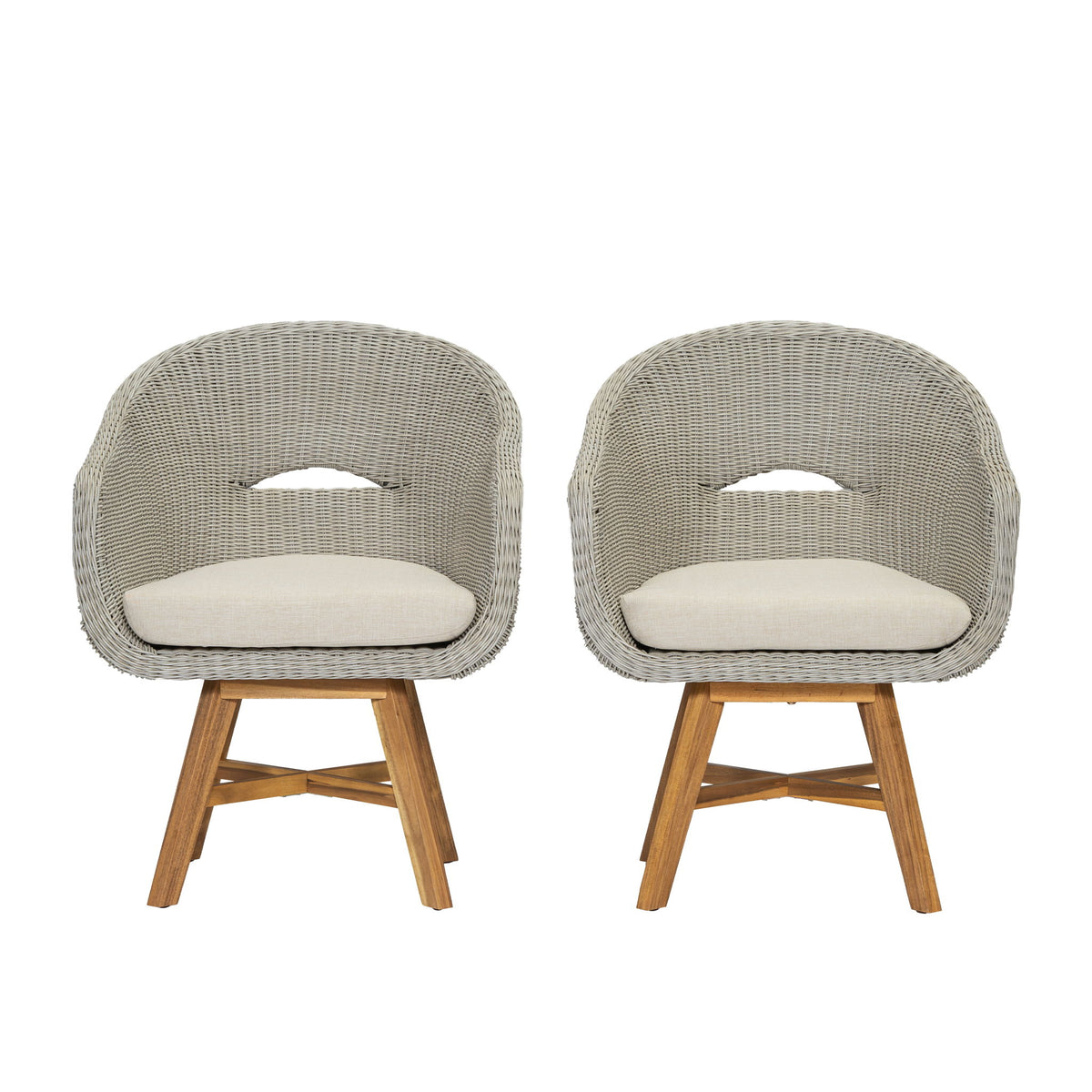 Modern Coastal Rattan Dining Chairs, (Set of 2), Solid Wood Legs - Beige / Gray Ash / Natural