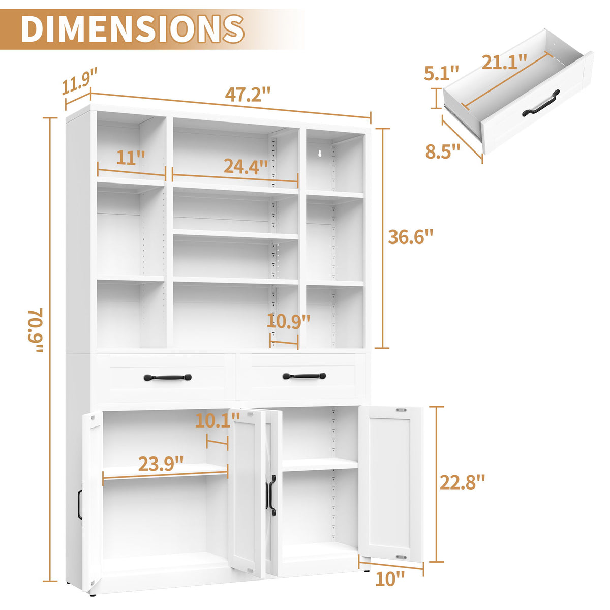 Industrial Bookcase Tall With Adjustable Shelves, Drawers & Doors