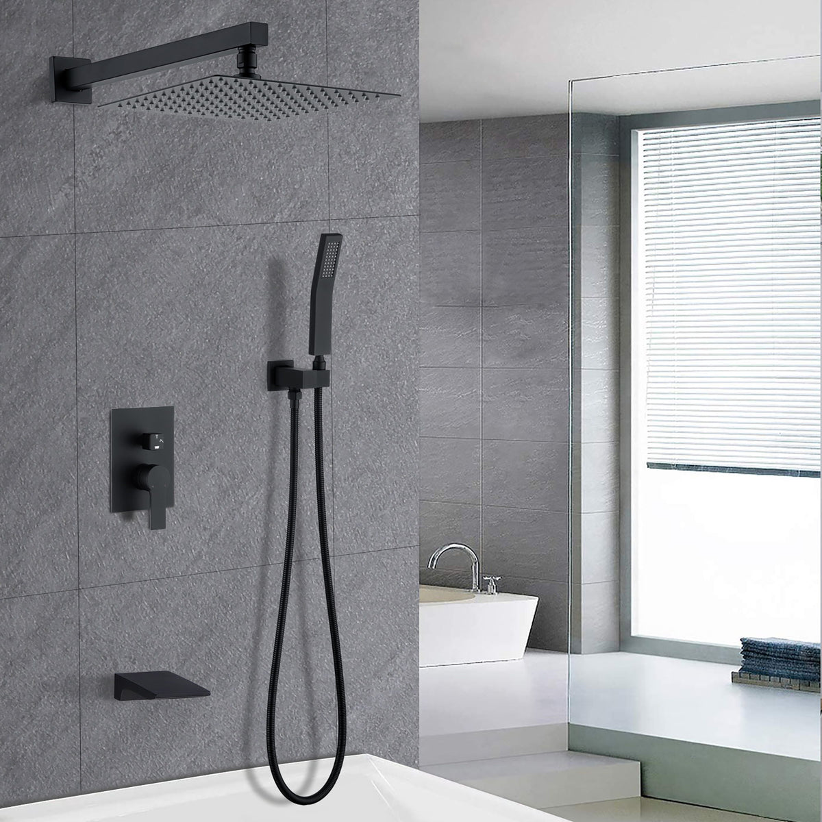 Tub Shower Faucet Set With 12" Rain Shower Head And Handheld Spray Combo