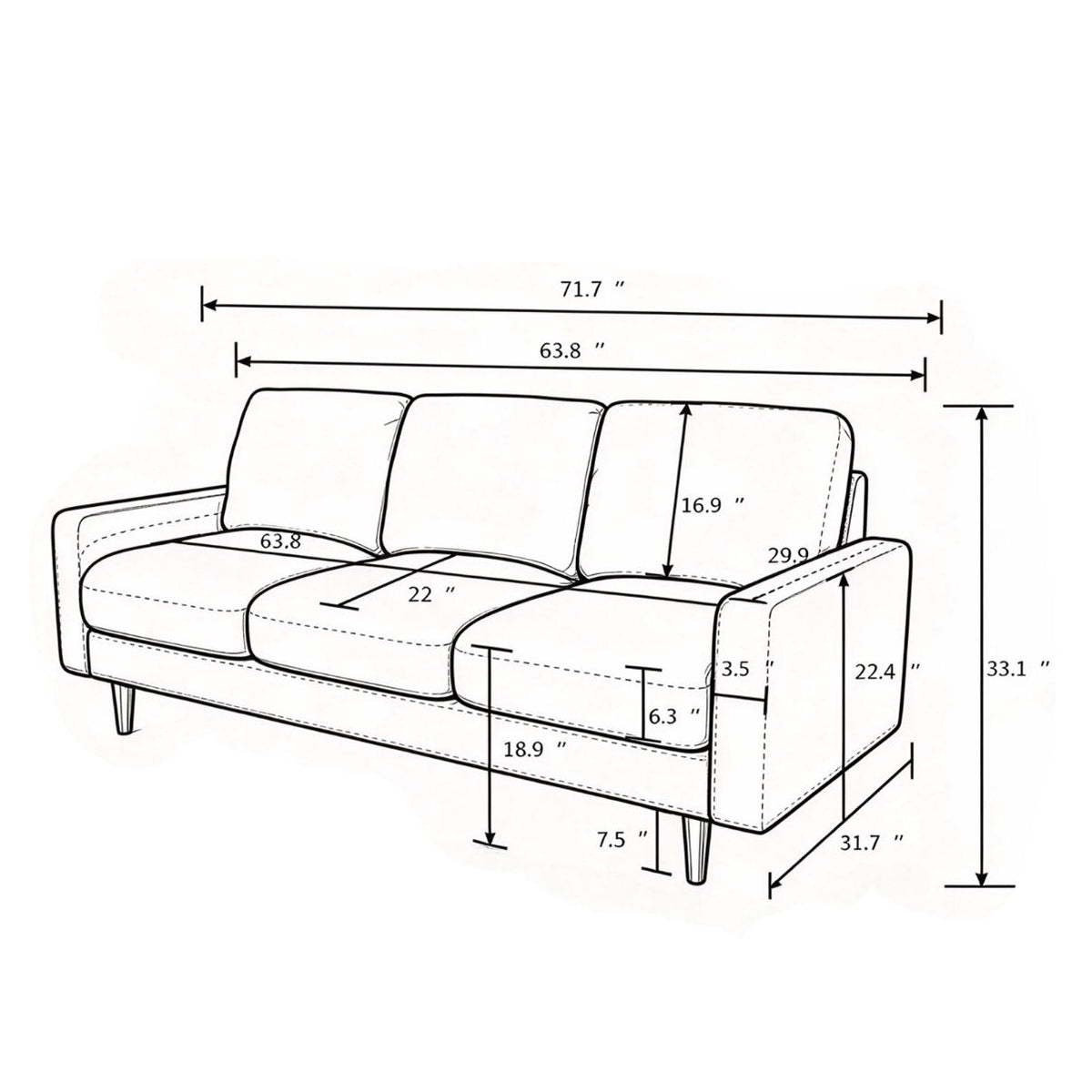 Modern Upholstered 3‑Seat Sofa Couch, Polyester Fabric Sofa With Accent Pillows, Loose Back Cushion For Living Room Apartment - Dark Blue