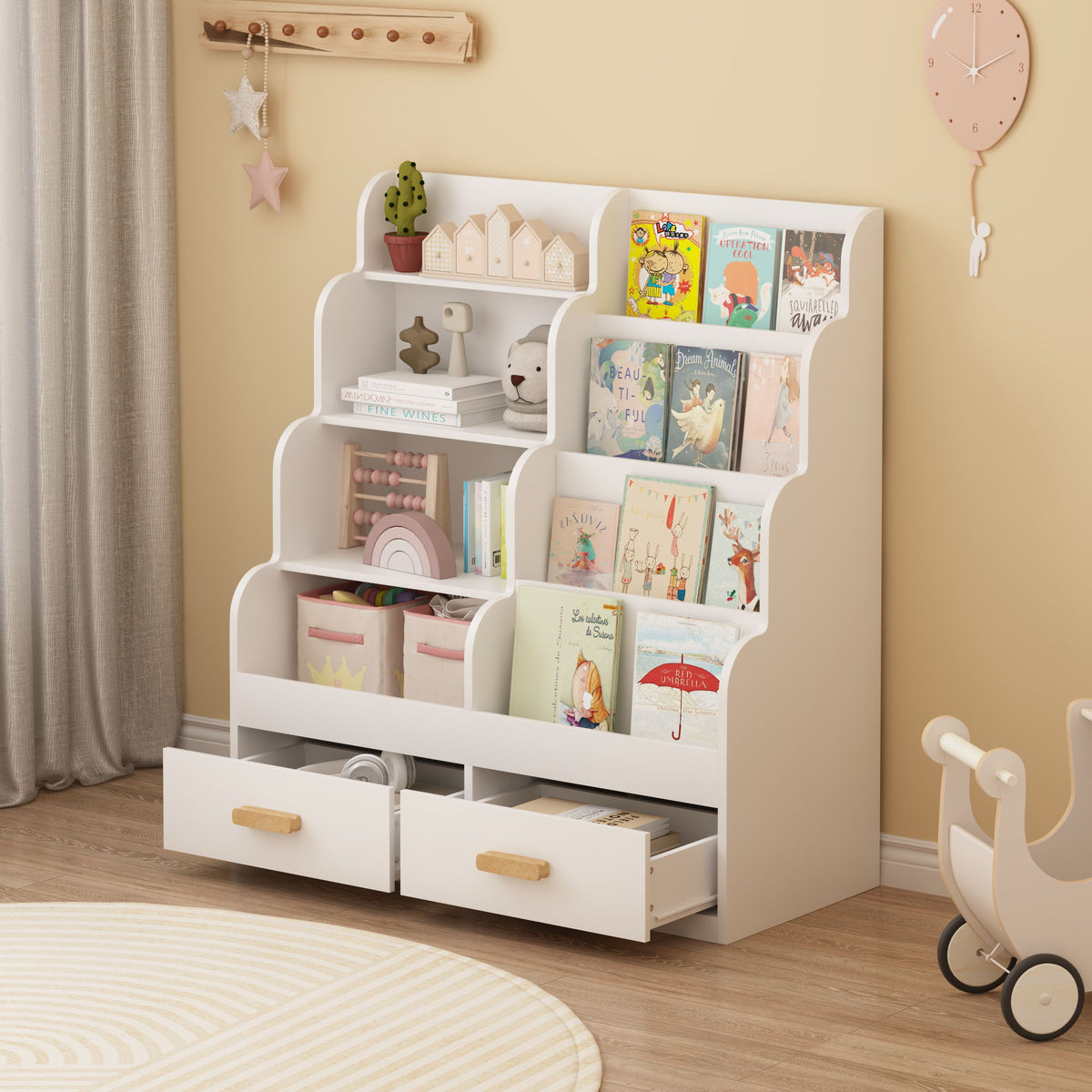 Bookshelf With 2 Storage Drawers, Front Facing Bookcase And Toy Organizer, Multi Tier Reading Shelf - White