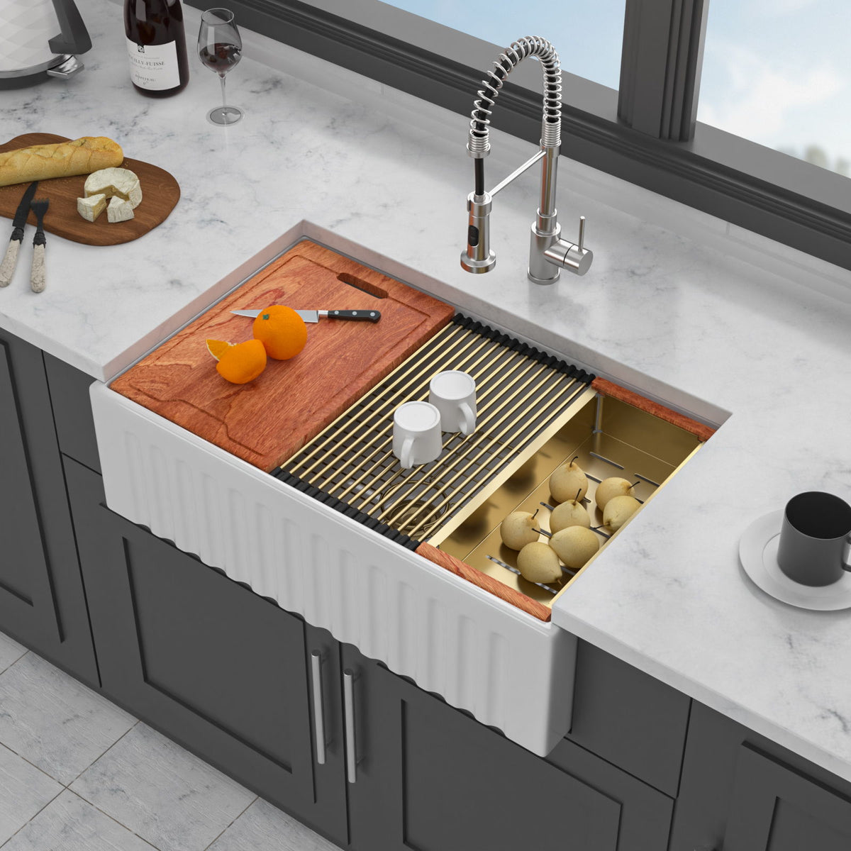 Workstation, Single Bowl Apron Front Kitchen Sink - White
