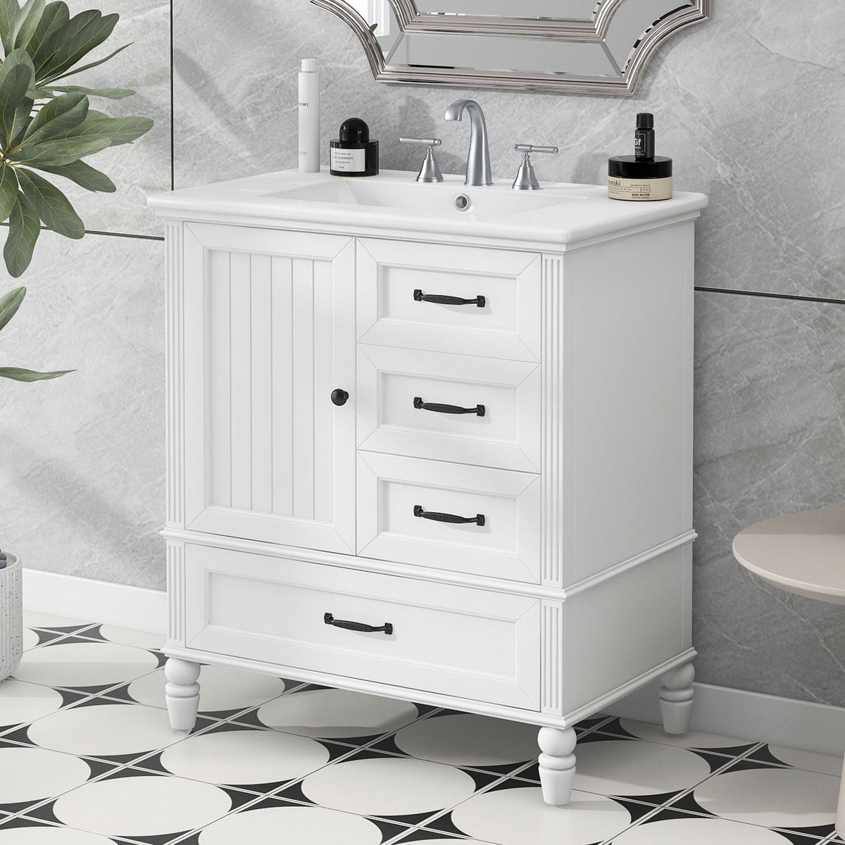 30" Bathroom Vanity With Sink, 3 Drawers, Adjustable Feet