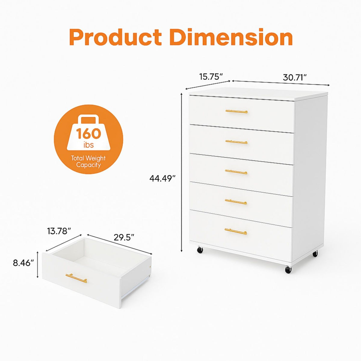 5 Drawer Dresser With Handles - White