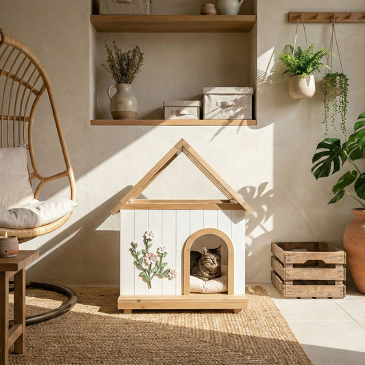 Daisy Cat House With Roof & Indoor Outdoor Pet Shelter For Cats & Small Dogs (11–25 Lbs) - White / Wood
