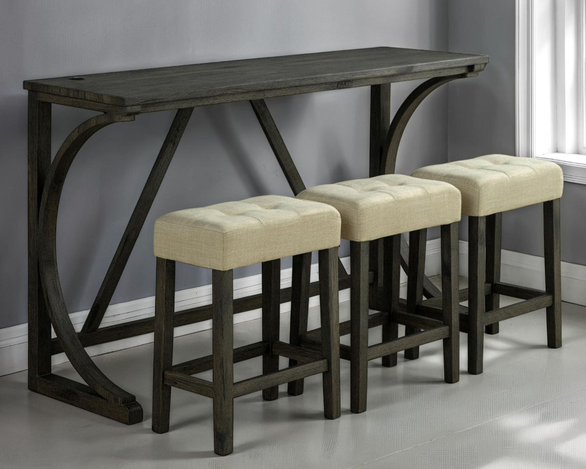 Dining Table Set With USB Charging Ports, Biscuit Tufted Stools - Beige / Brown