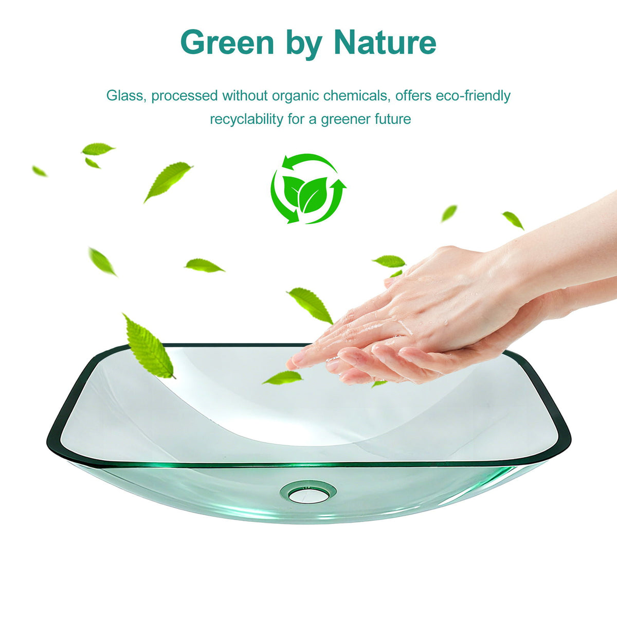 Clear Vessel Sink Rectangle Above Counter Bathroom Basin With Pop Up Drain, No Faucet - Clear