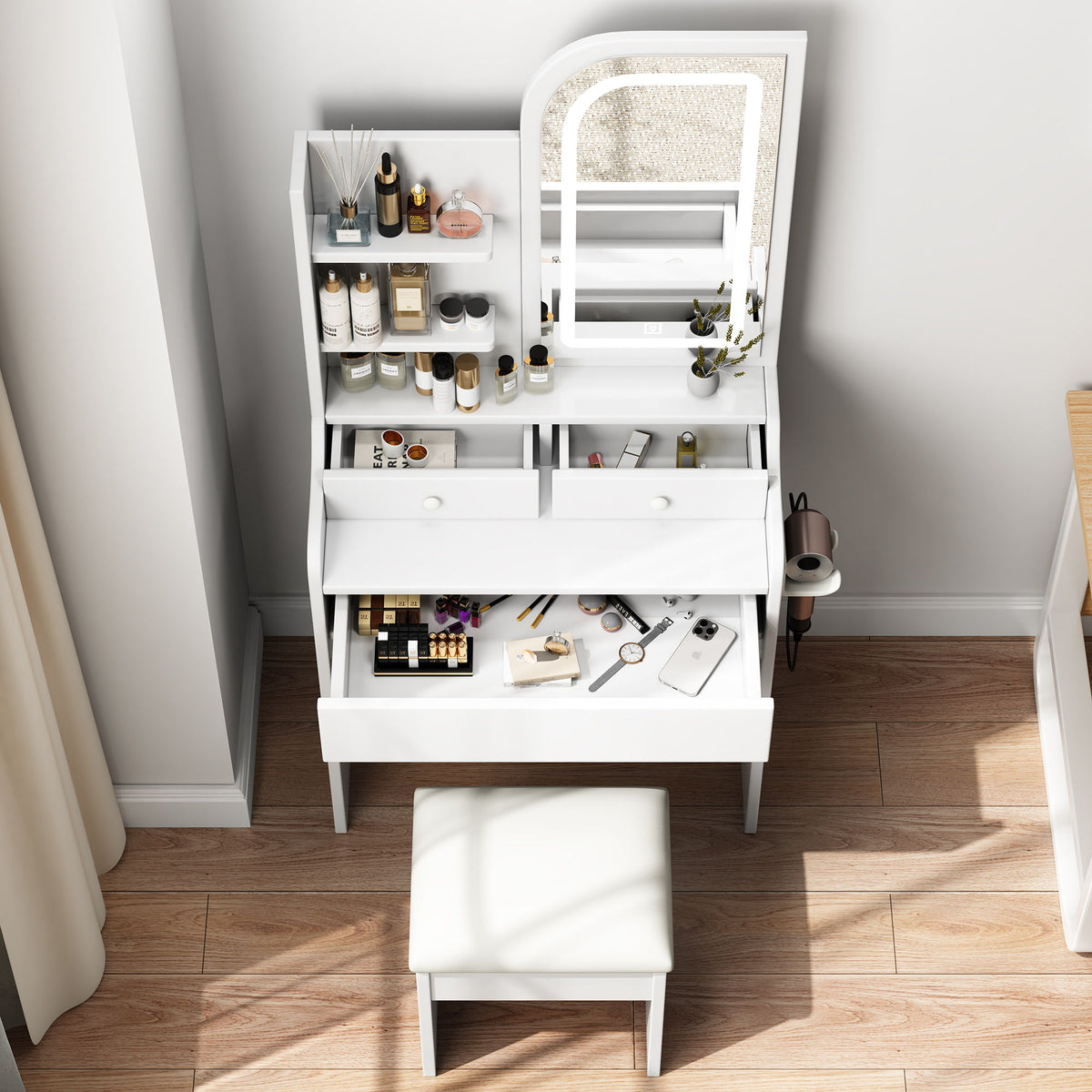 Fashion Vanity Desk With Mirror And Lights For Makeup, Hair Dryer Holder And Chair, Adjustable Lighting - White